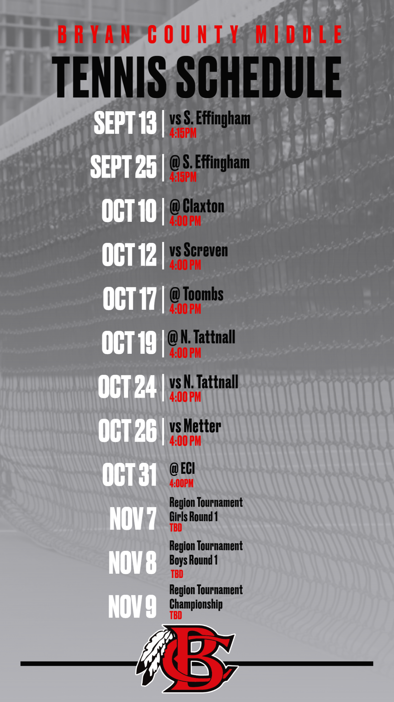 BCMS Tennis Schedule