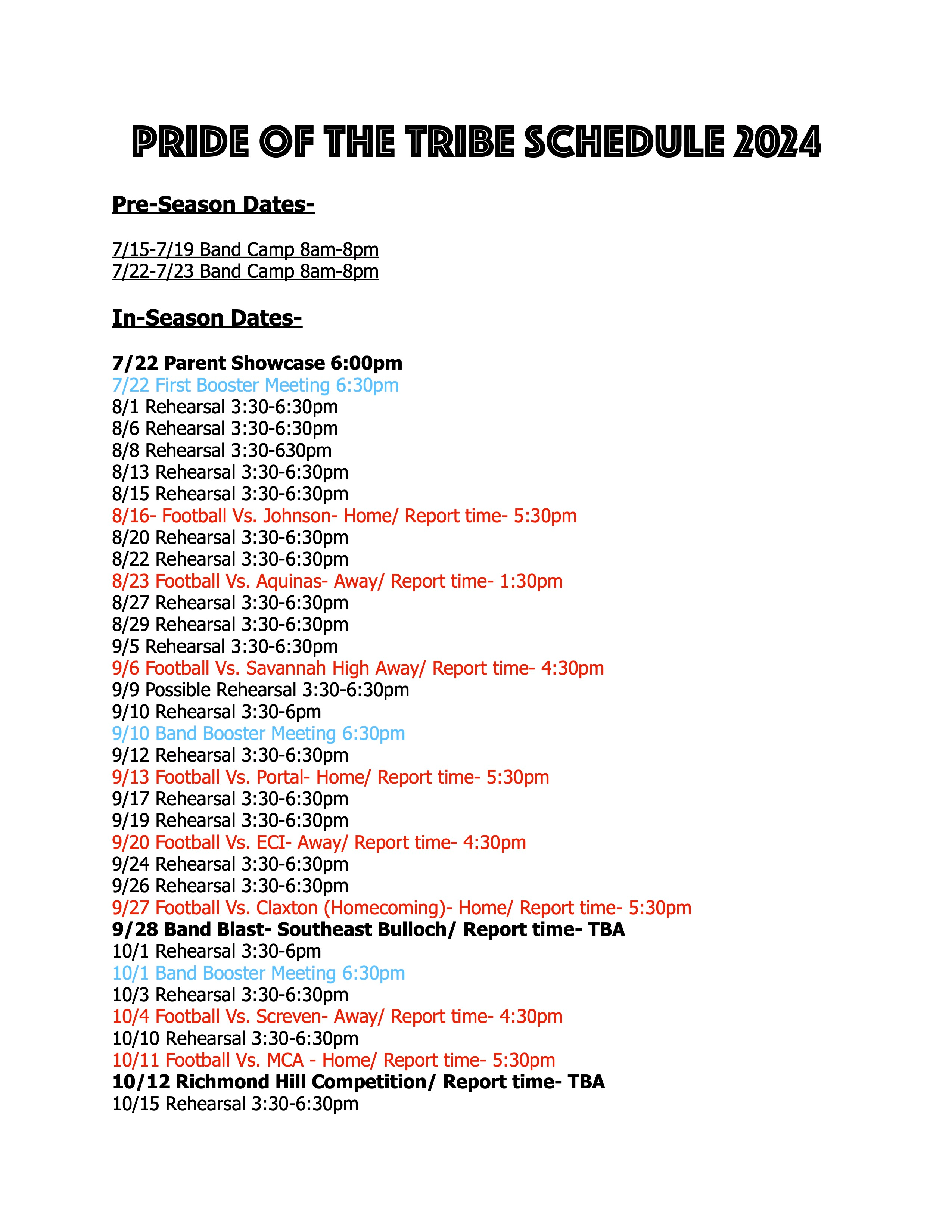 Pride of the Tribe Fall Schedule