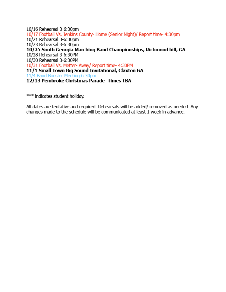 Pride of the Tribe Fall Schedule