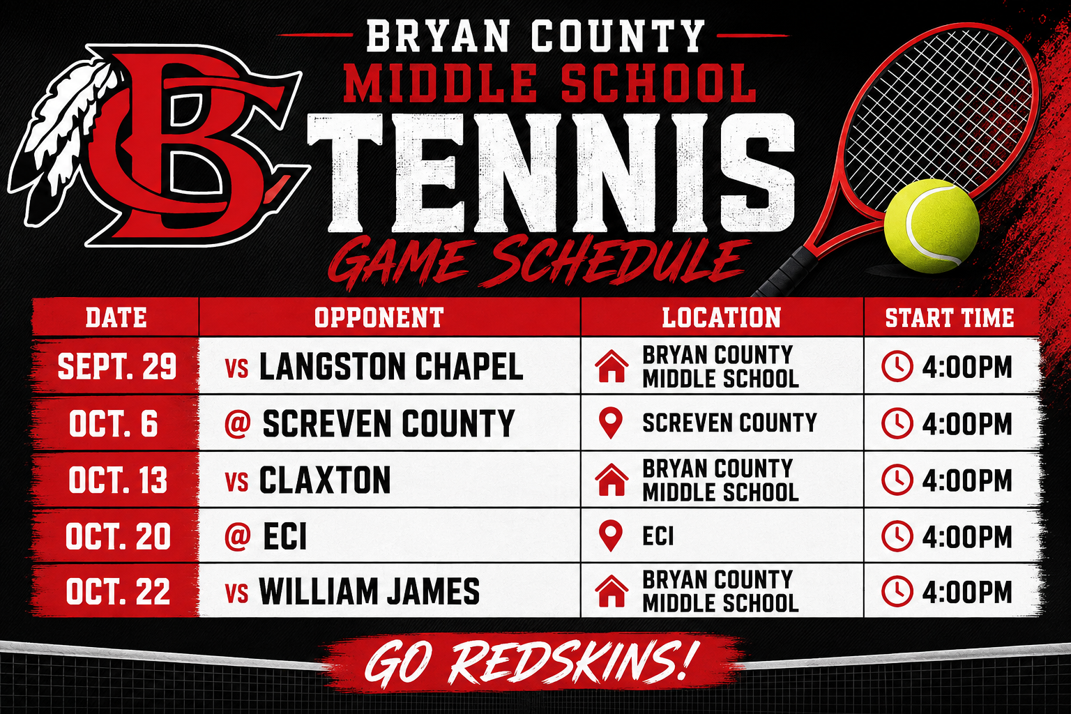 BCMS Tennis Schedule