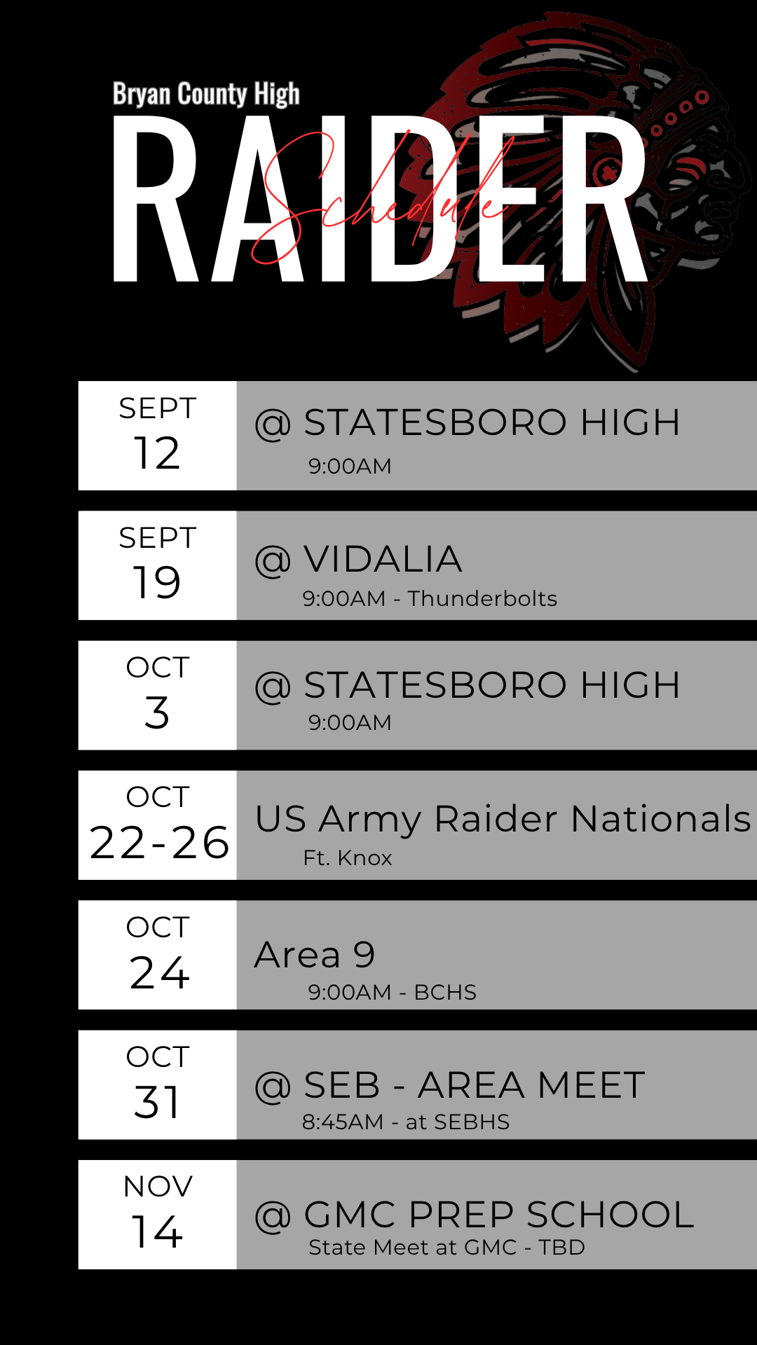 High School Raiders Schedule