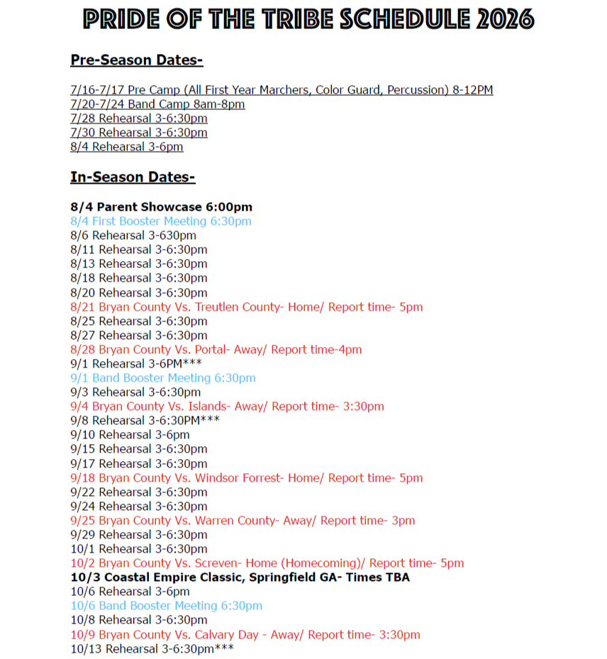 Pride of the Tribe Fall Schedule