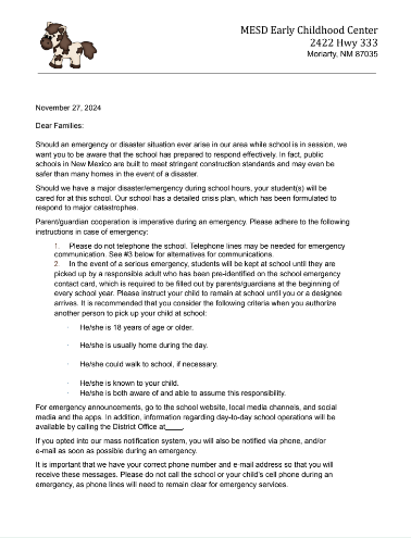 emergency plan letter