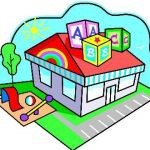 Colorful cartoon preschool building with big ABC blocks on roof and with a playground.