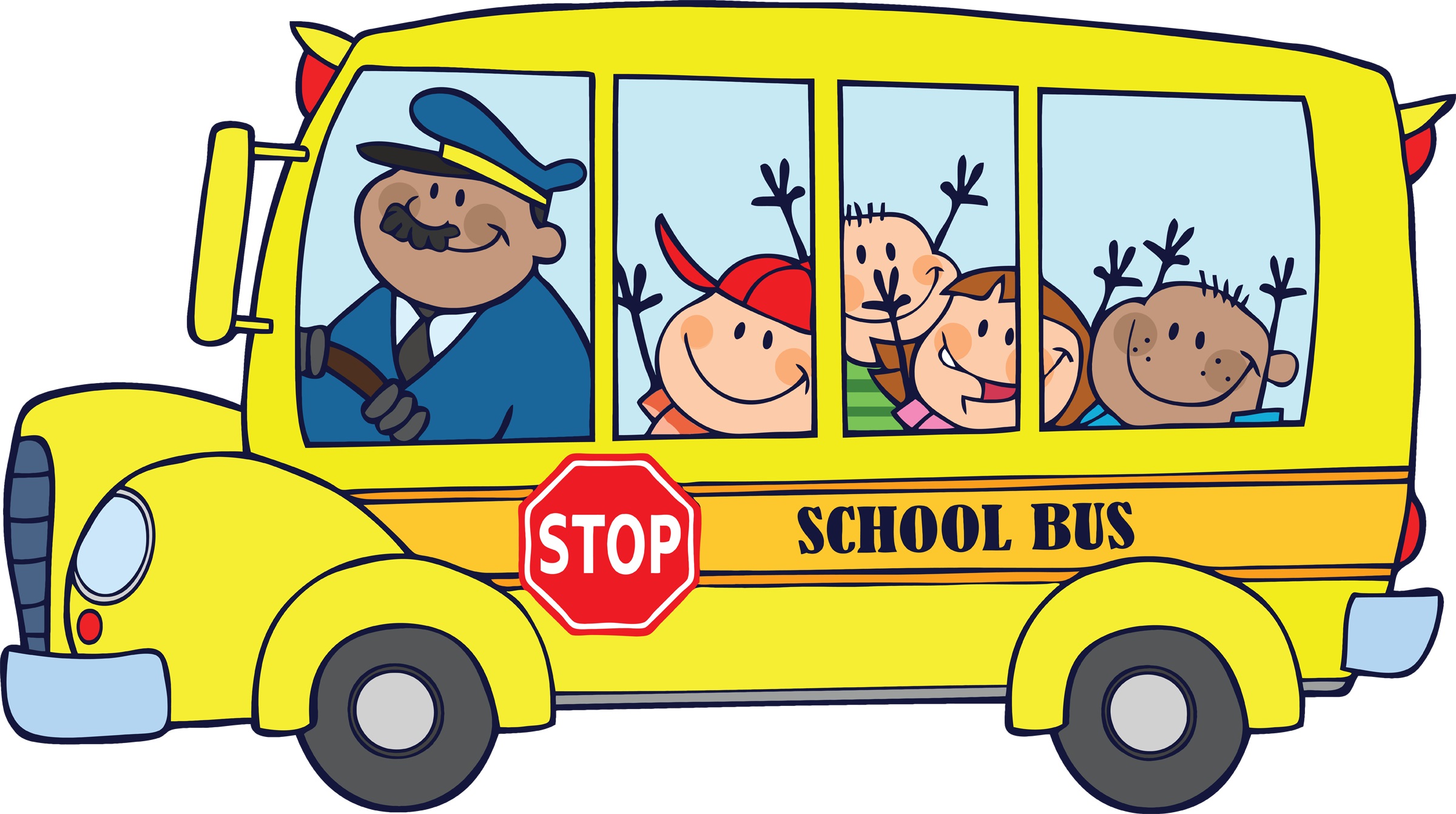 Cartoon bus with smiling driver and waving children.