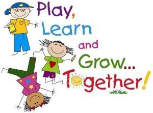 Cartoon children with Play, Learn, and Grow Together colorful text.