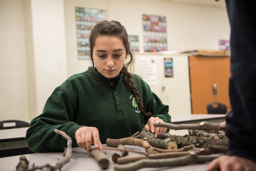 A student evaluating sticks in the classroom