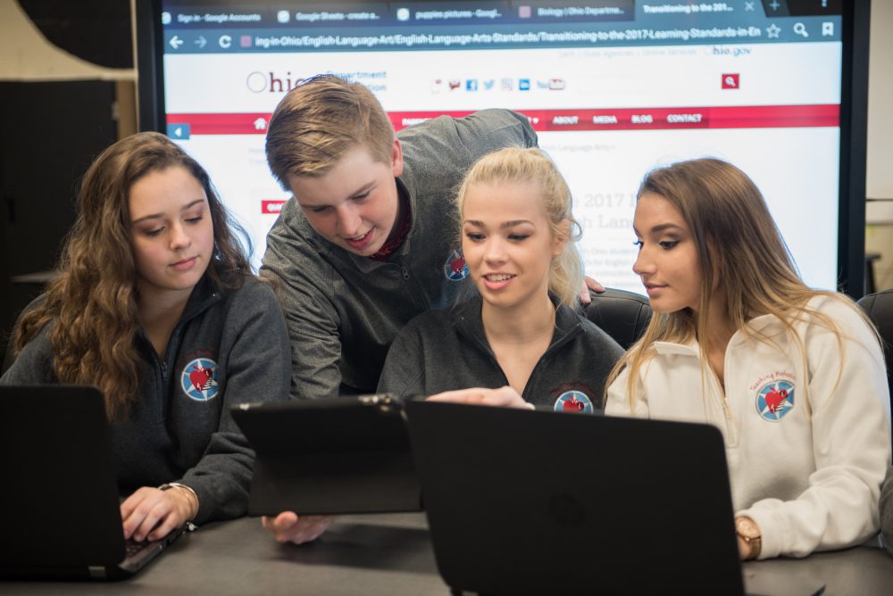 Several students working on a project together