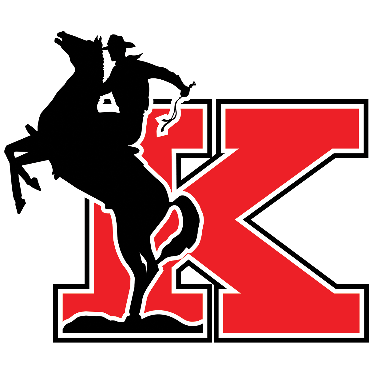 Kent City Riders logo - red K with silhouette of cowboy on rearing horse