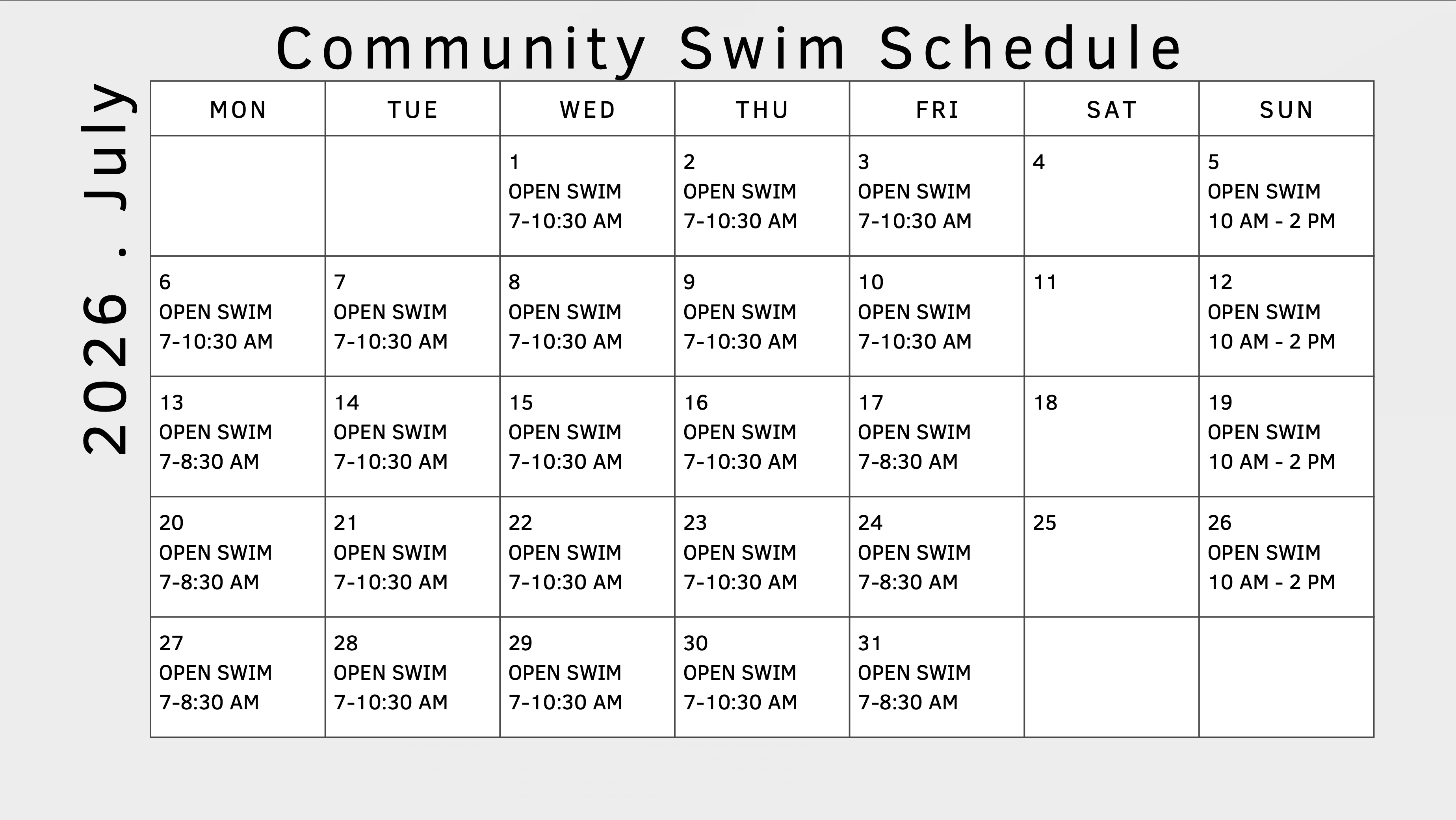 July Swim Schedule