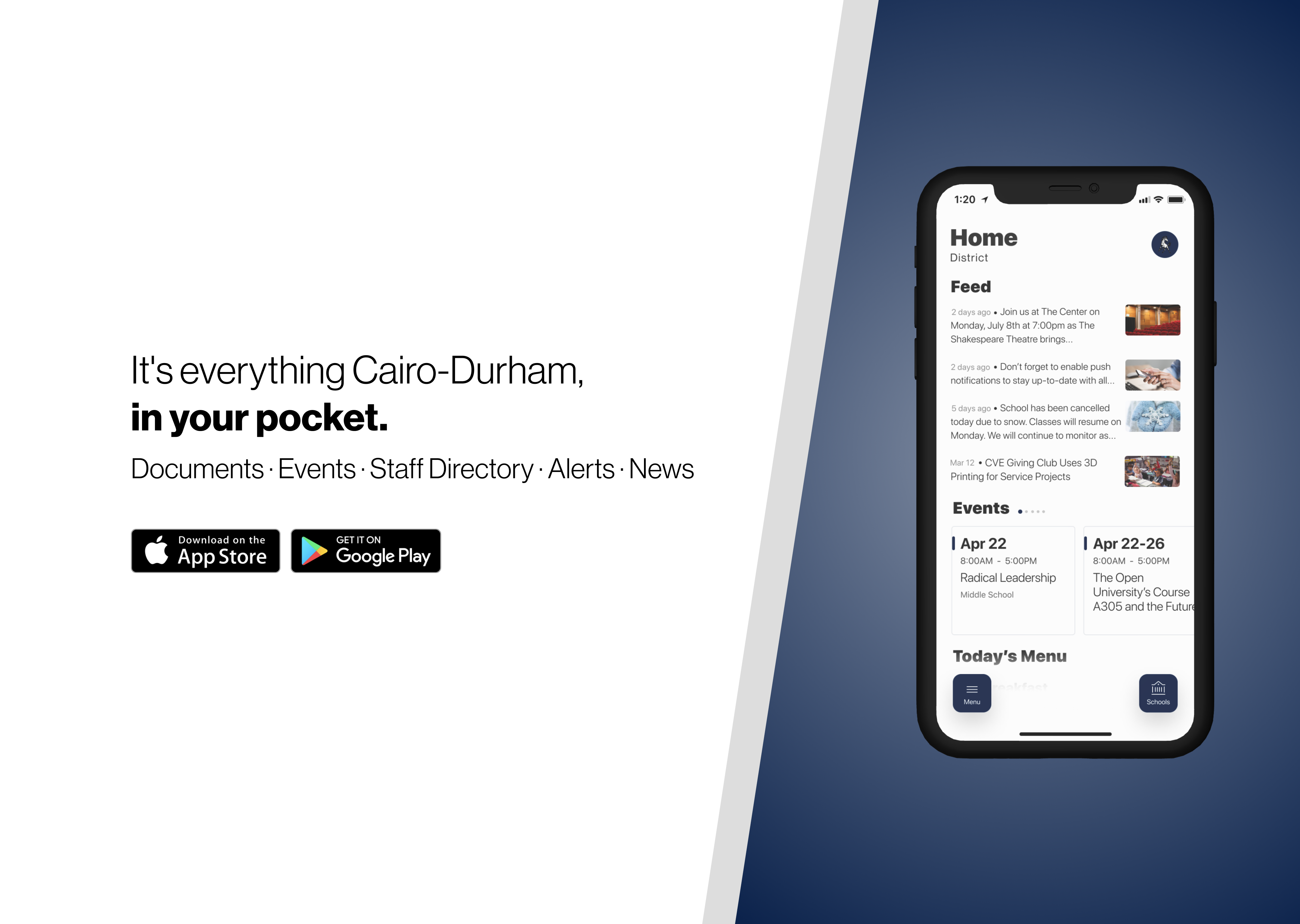 the cairo-durham app has documents, events, staff directory and more and can be downloaded in google play or the app store