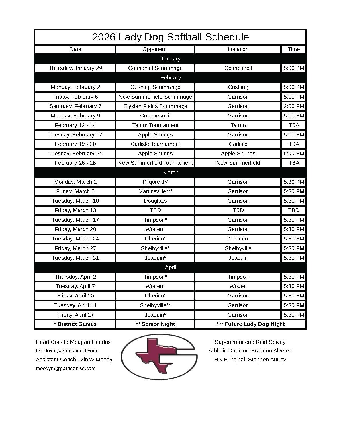 2026Softball Schedue