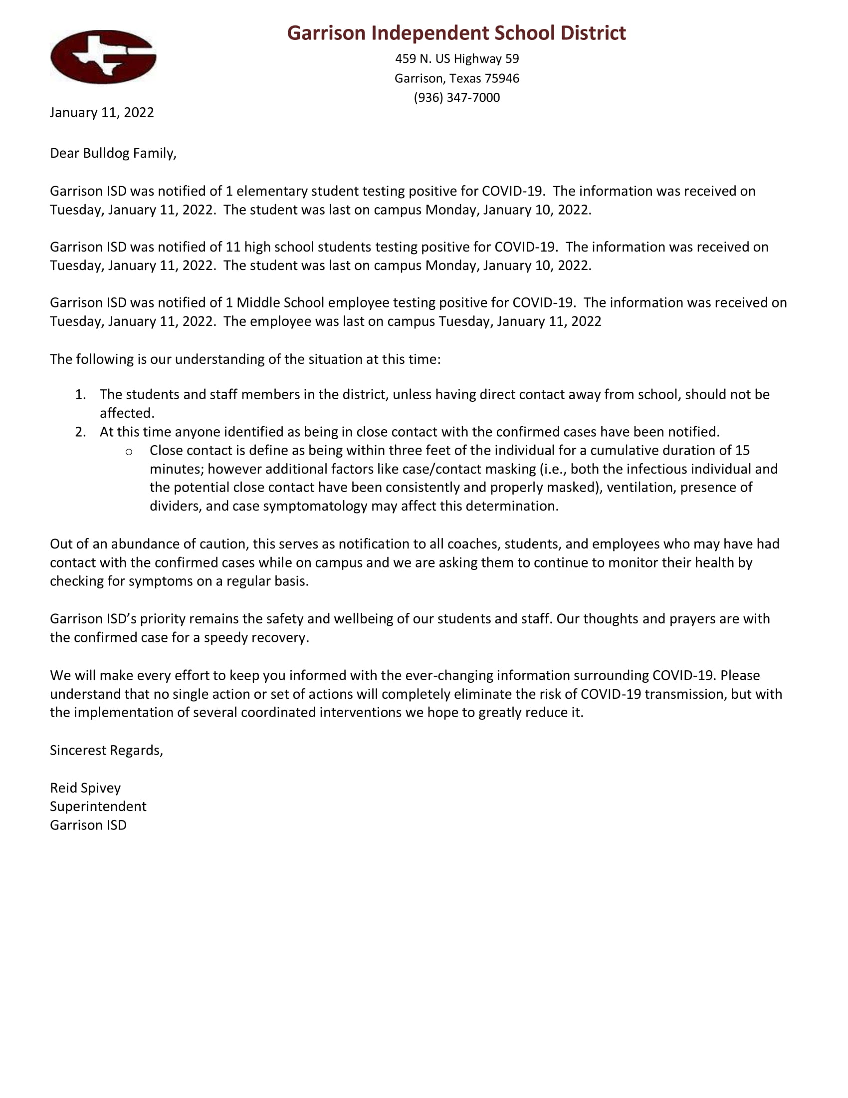 January 11, 2022 COVID Notification