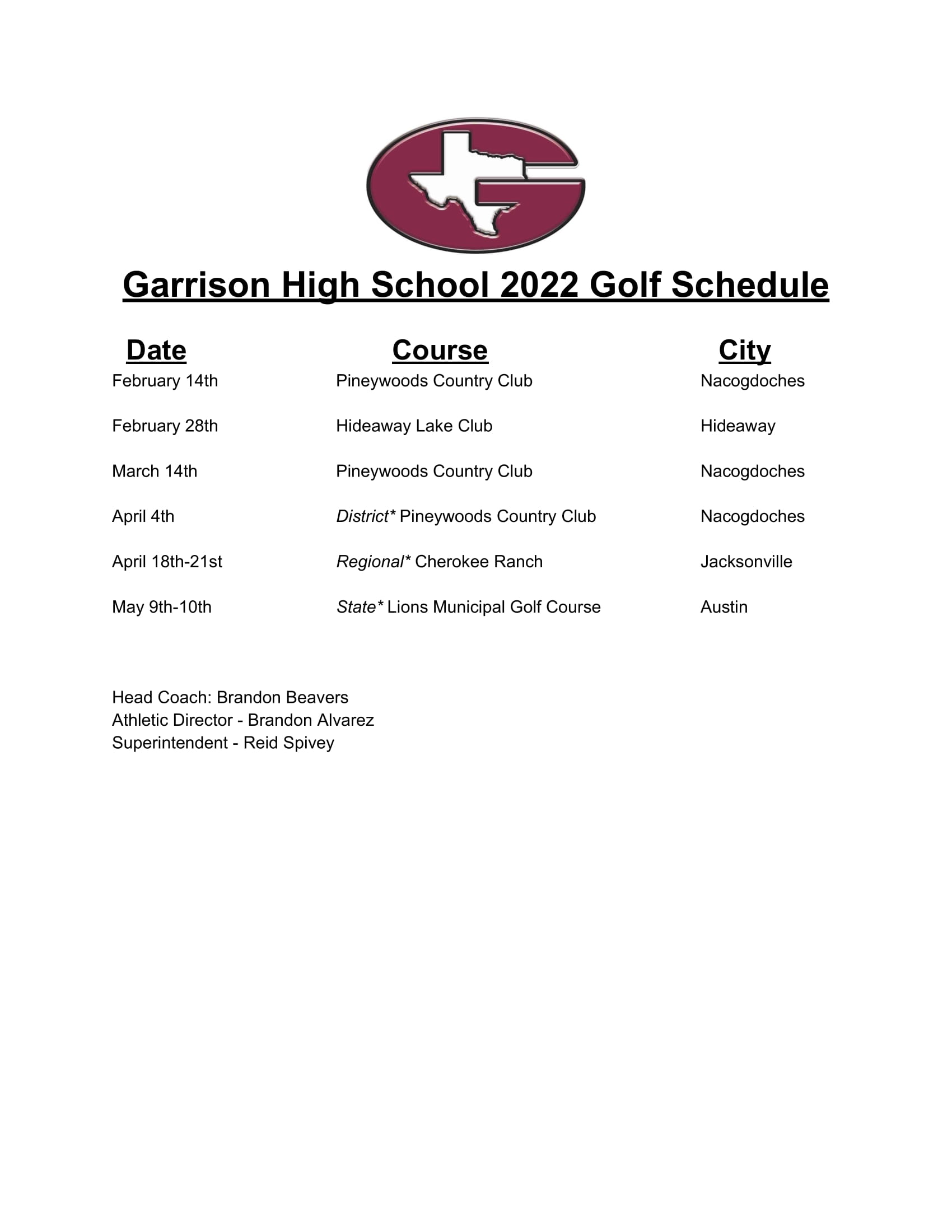 2022 Golf Schedule
