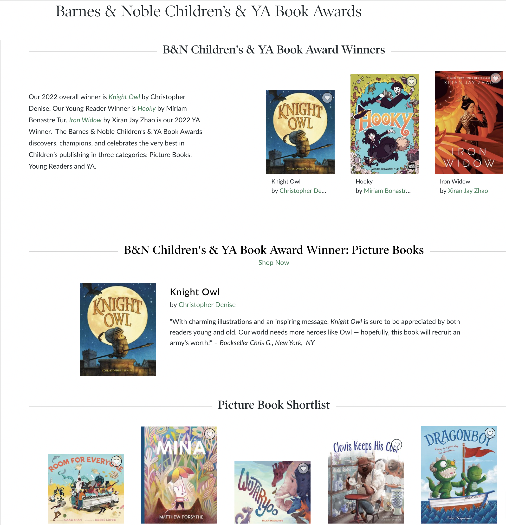 2022 Barnes & Noble Award Winners- YA/Kids