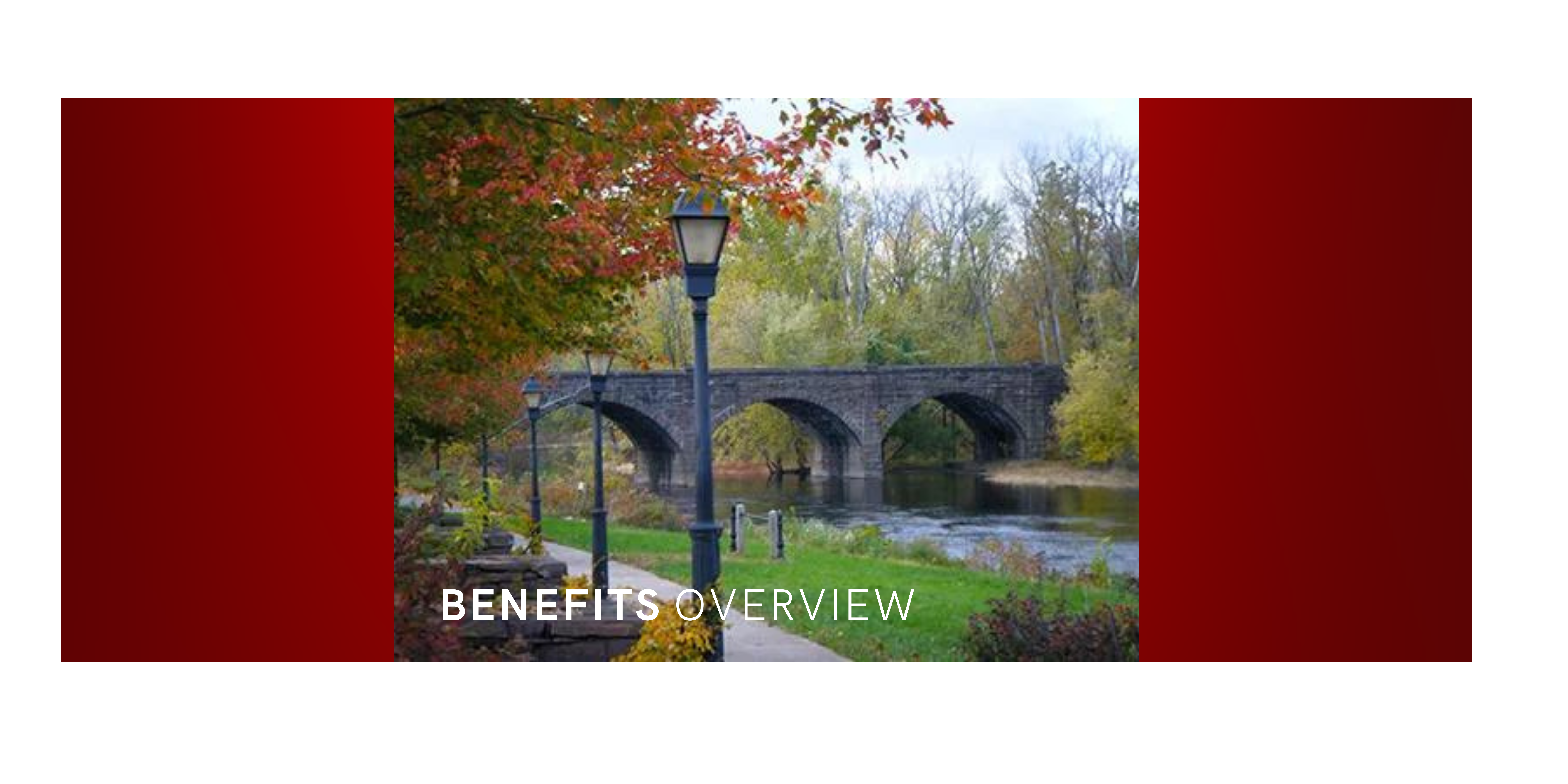 Photo of the water and bridge in windsor ct with benefits overview written on it