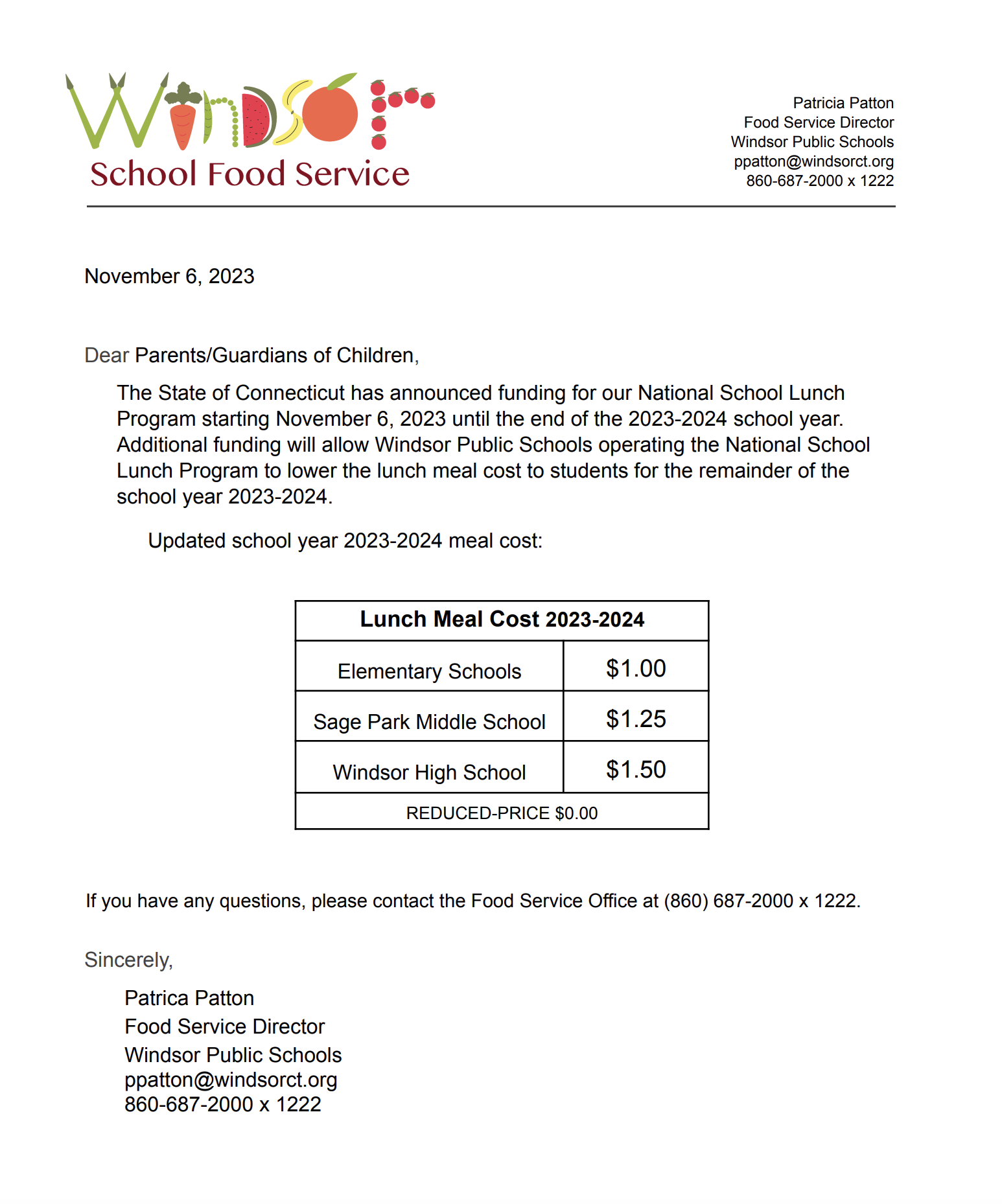 Parent Letter: National School Lunch Program 11/3/23