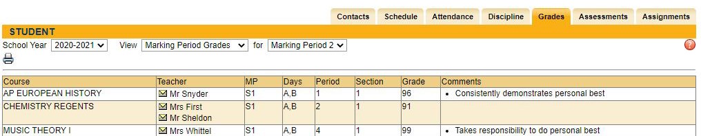 Marking Period Grades section