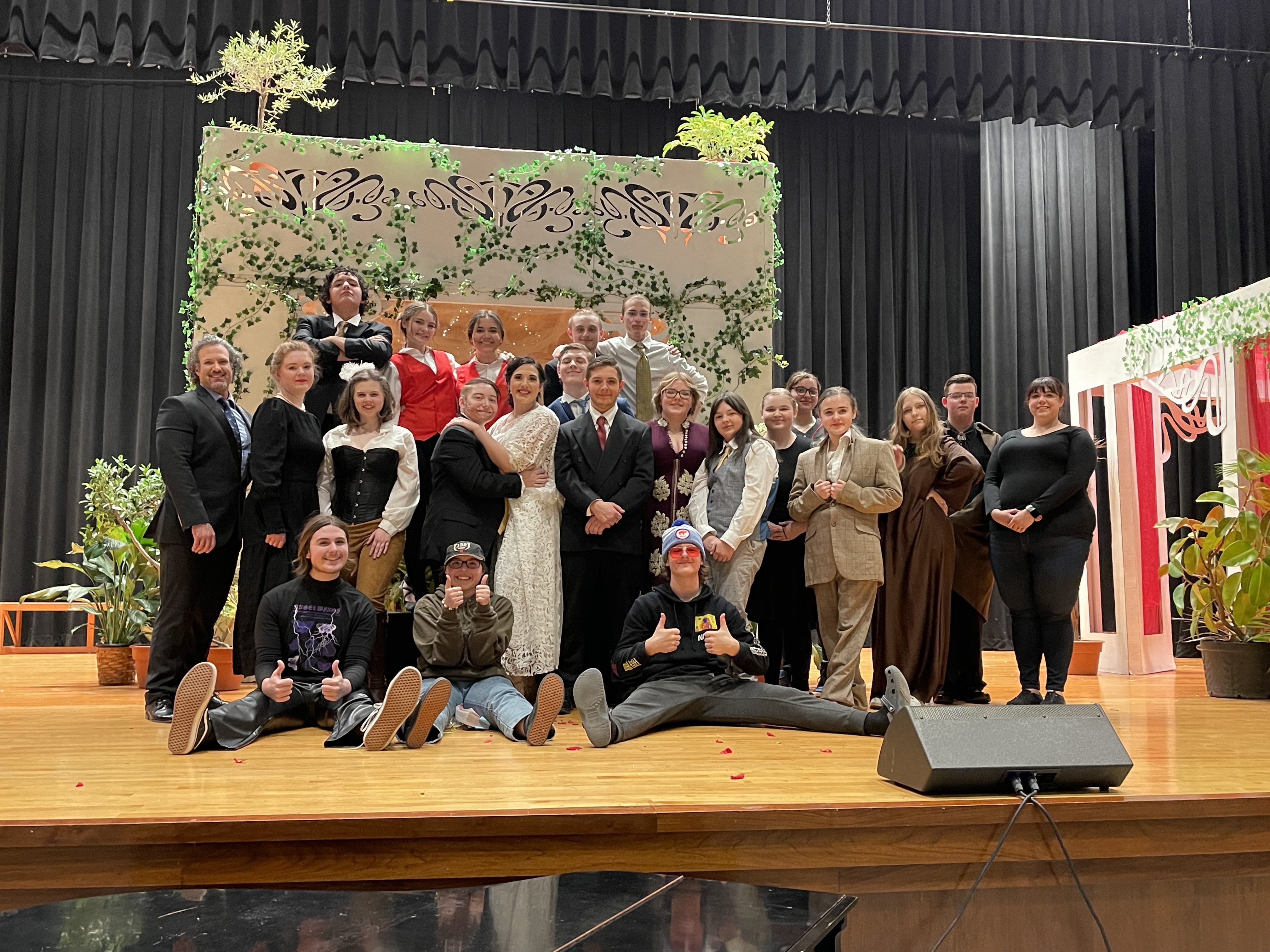 Cast and crew of "Romeo & Juliet" in January 2023 on stage at Silver Creek High.