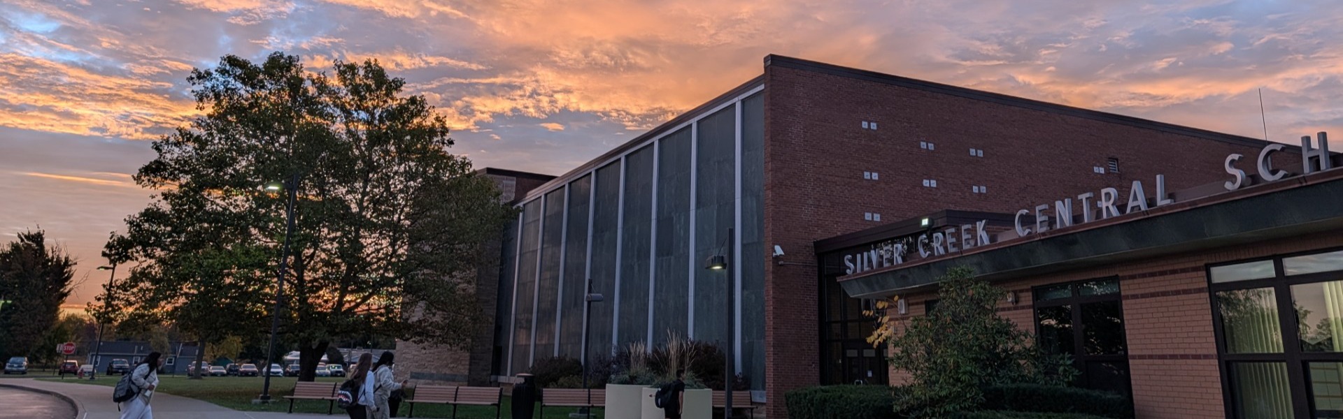 HS entrance building at arrival with sunrise