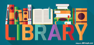 illustration of colorful, block-letters spelling the word "library". each letter is holding up books 