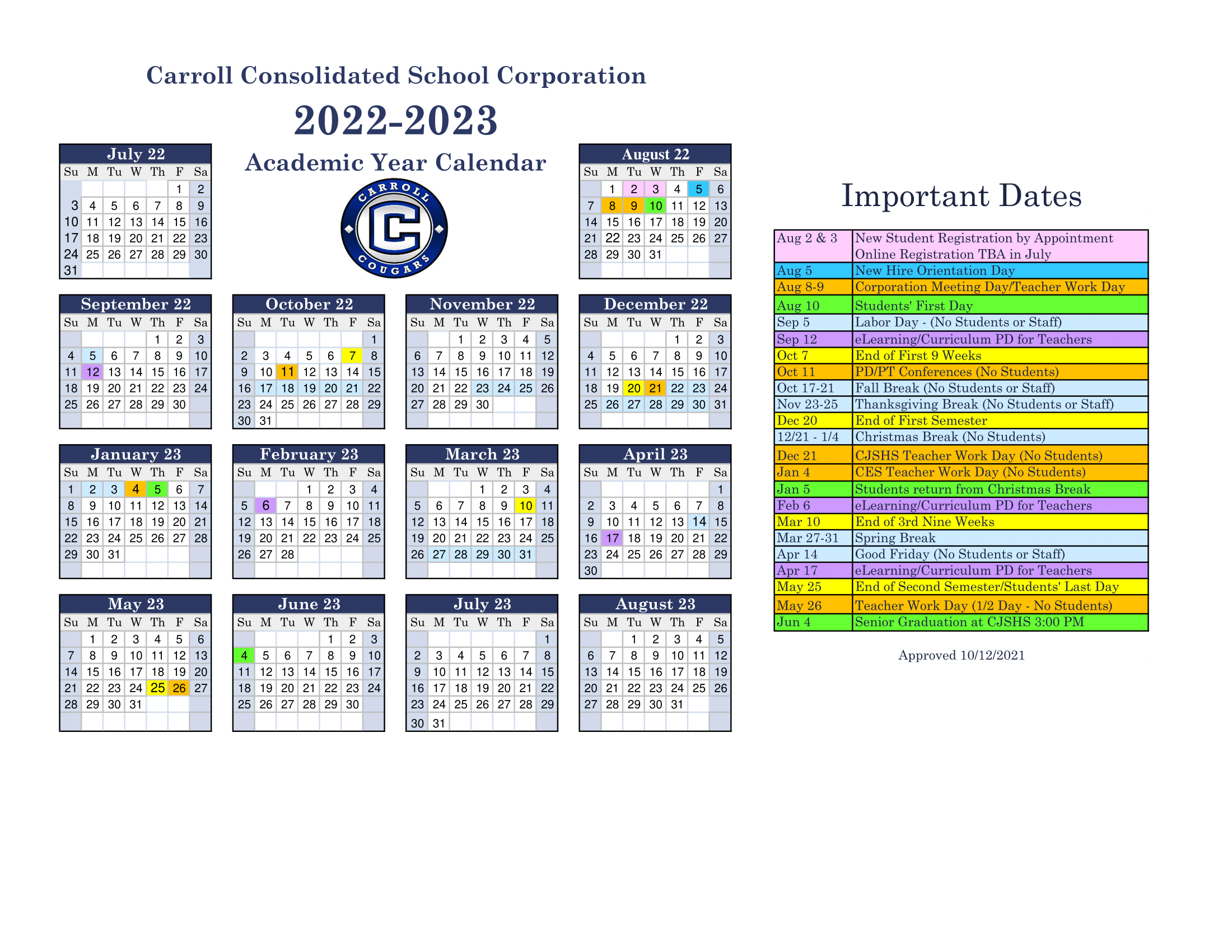 School Calendar Info Carroll Consolidated School Corporation