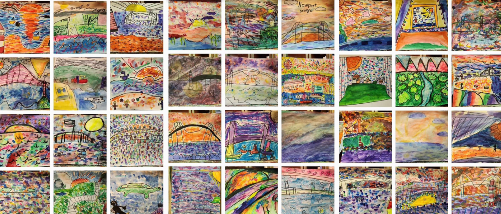 Student artwork of sunsets over water.