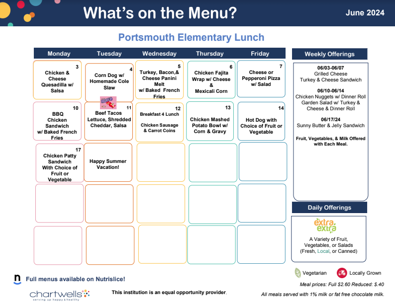 This image shows a calendar marked with daily lunch options for the month of June.