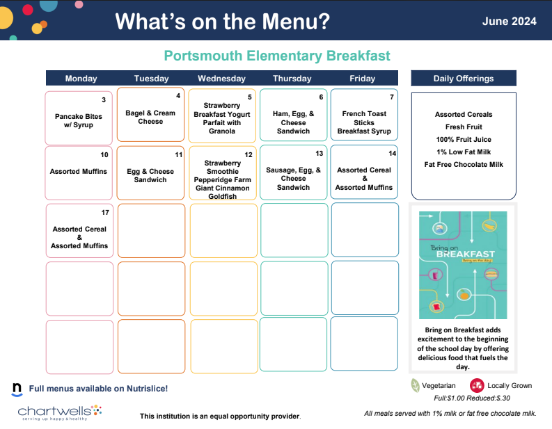 This image shows a calendar marked with daily school breakfast options for the month of June.