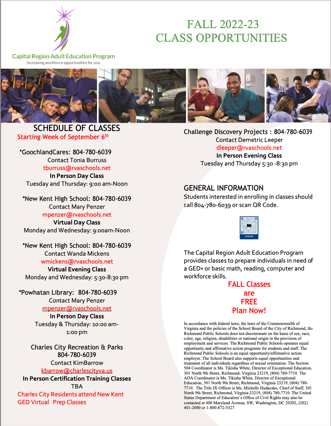 Capital Region Adult Education Fall Classes Flyer