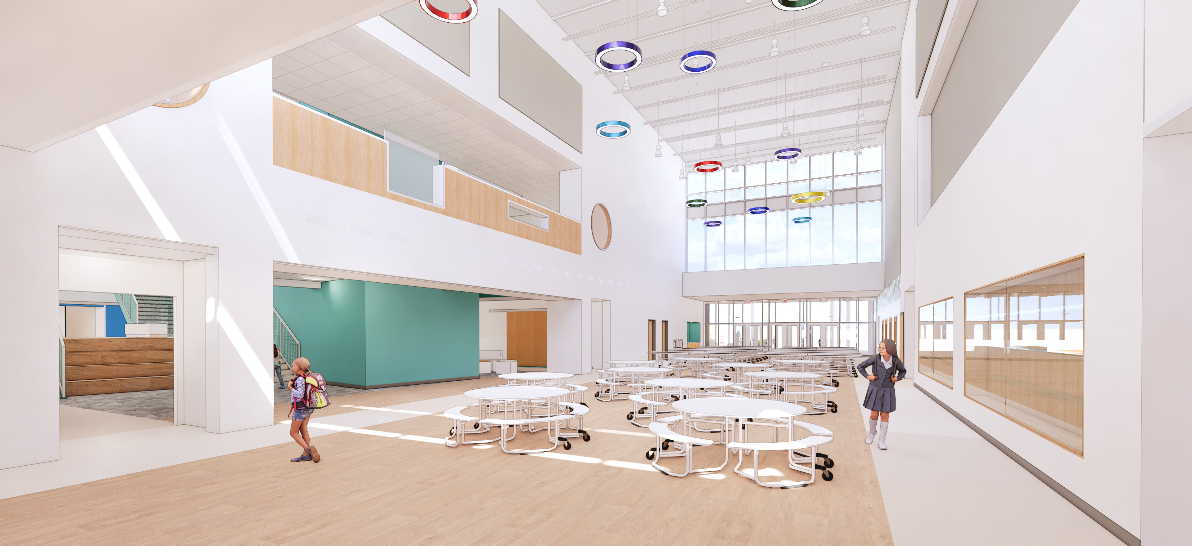 Draft rendering of new GES cafeteria, view from main entrance