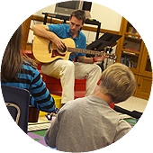 A volunteer playing guitar for a classroom