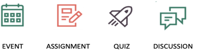 Canvas icons - Event (calendar icon), Assignment (paper and pencil icon), Quiz (rocket ship icon), Discussion (chat bubble icon)