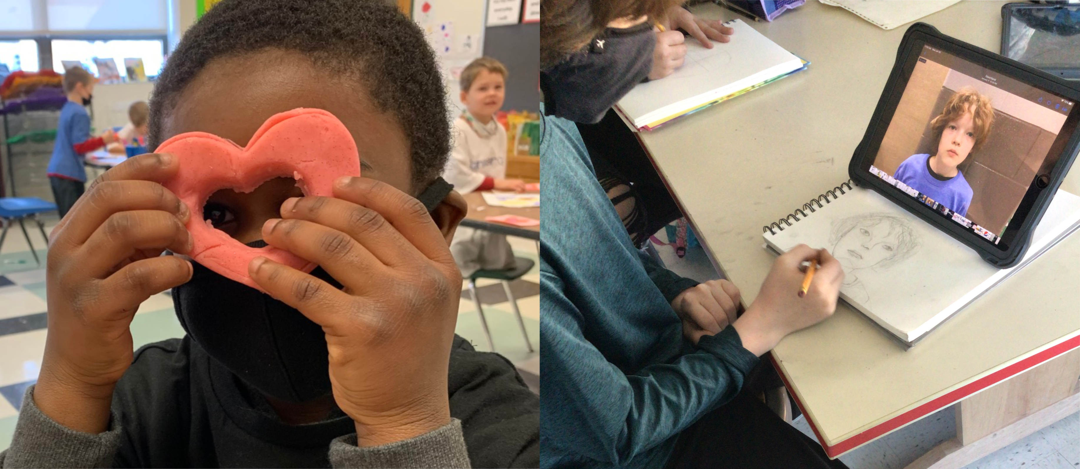 Left - student looking through a heart. Right - Student drawing portratit 