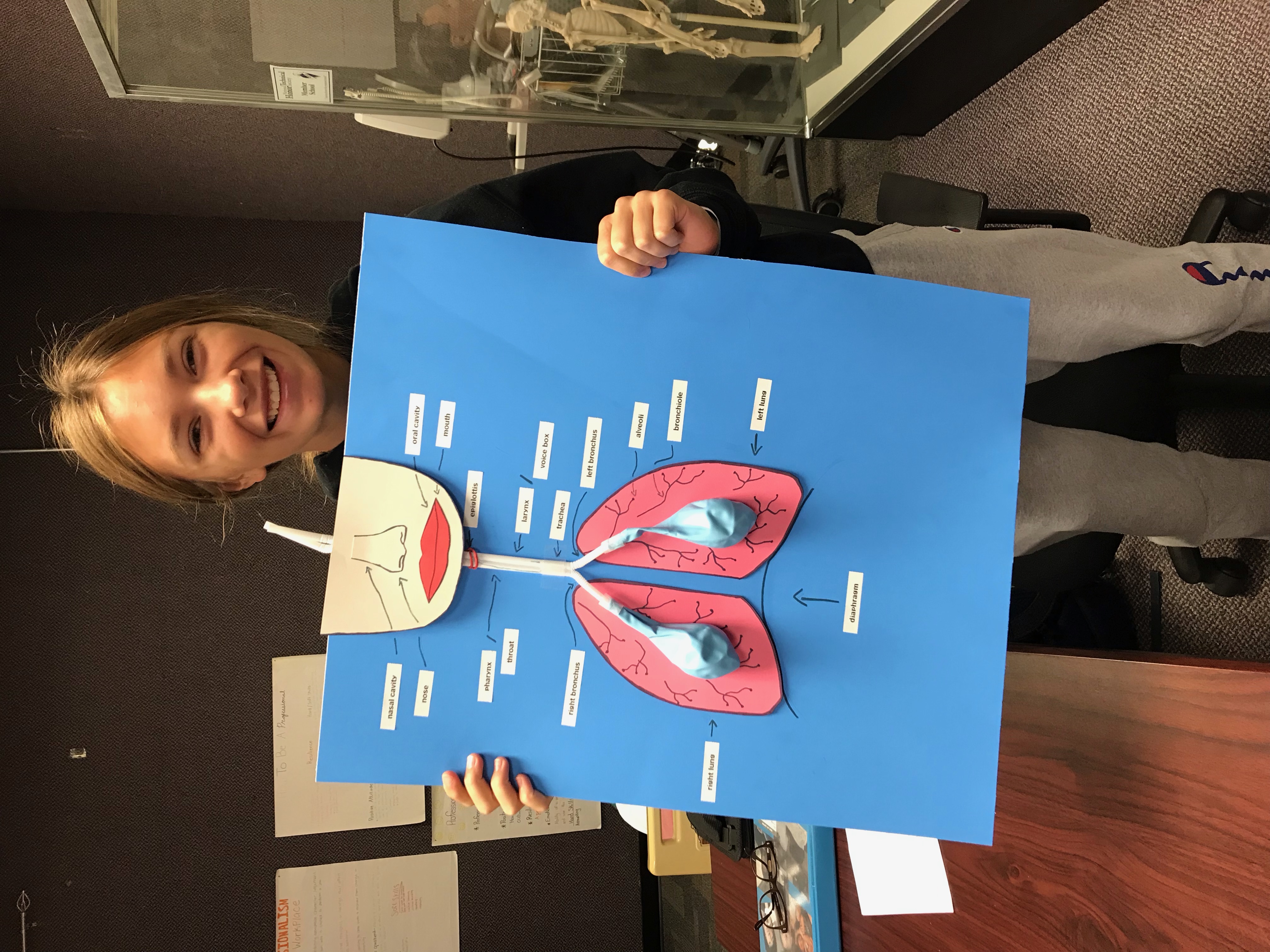 South Nodaway student Tejay displays her respiratory system model