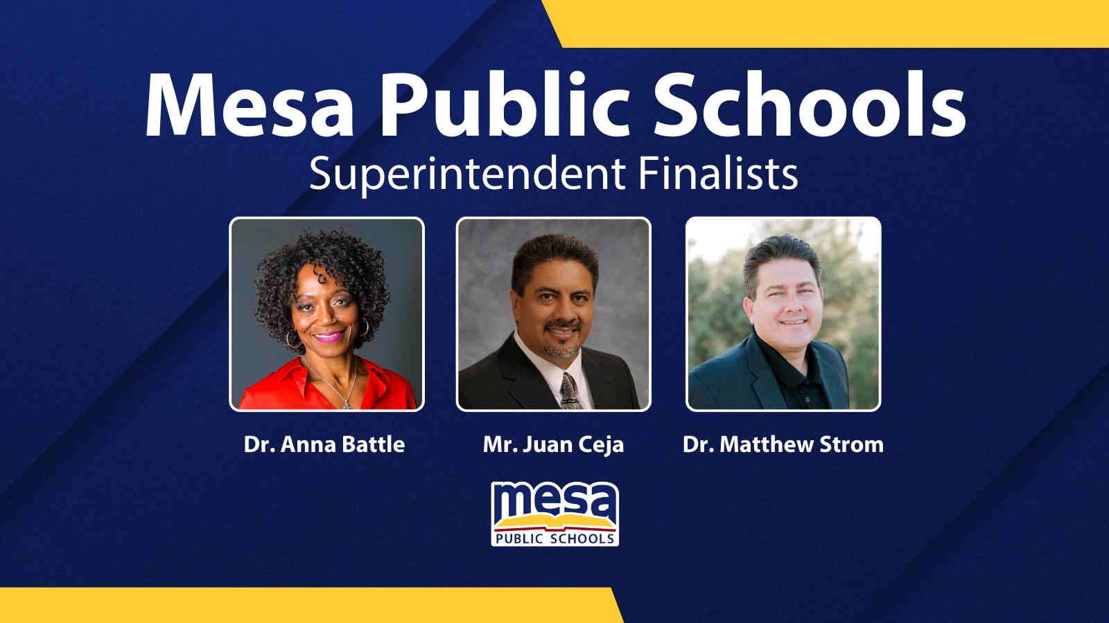 A photo of 3 people who are finalists for the next superintendent of Mesa Public Schools