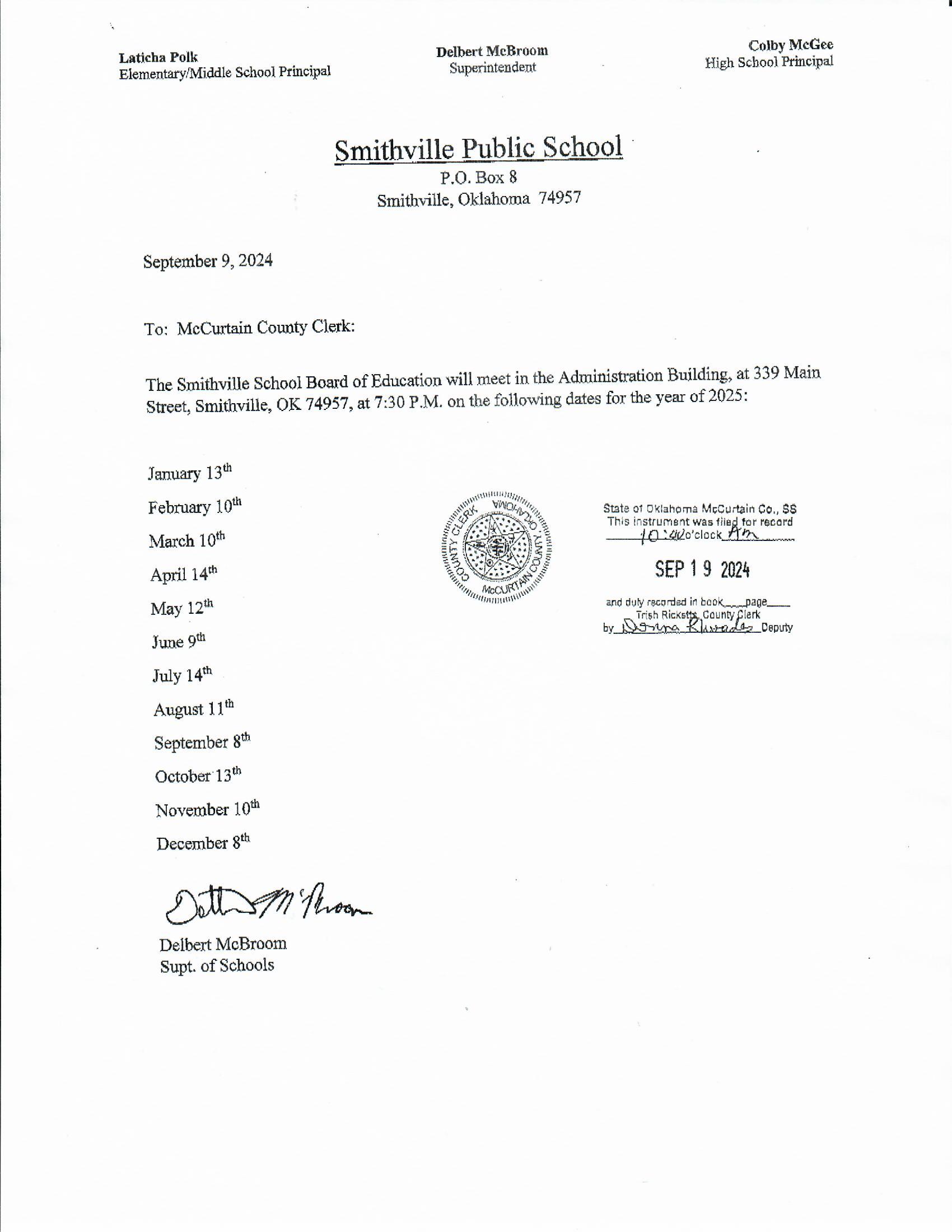 2025 School Board Meeting Dates