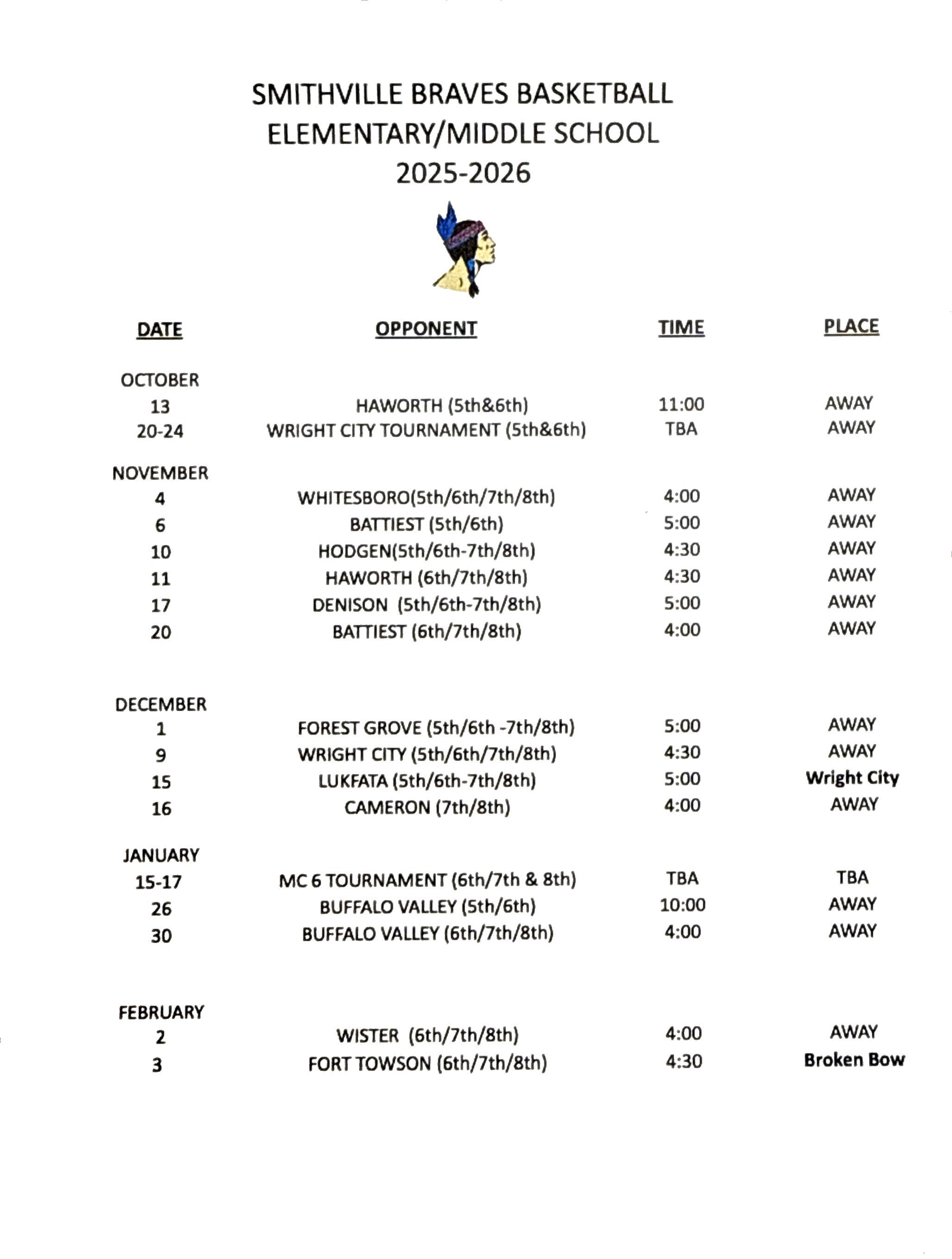 ELEM & JH 2025-2026 Basketball Schedule