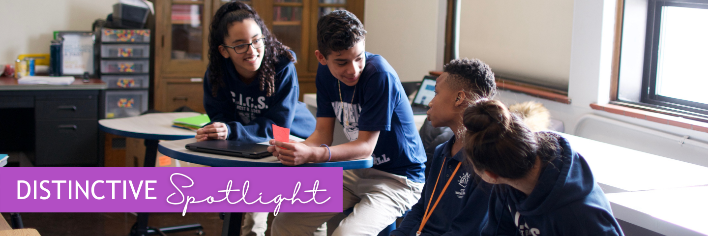 Photo of students in school, phrase "Distinctive Spotlight"