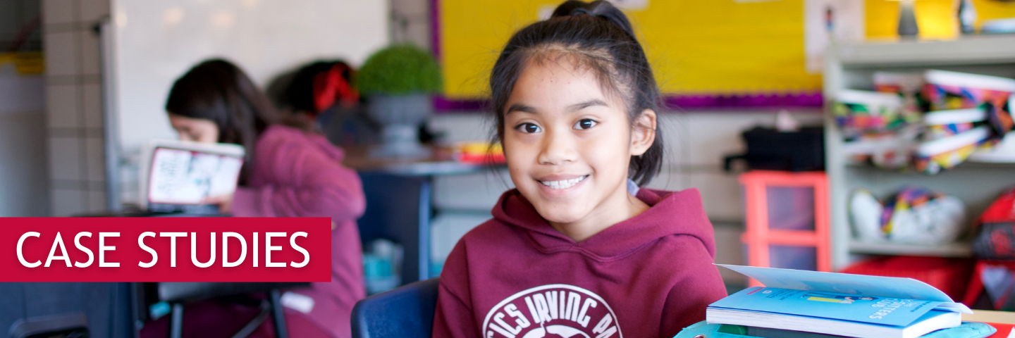 "Case Studies" over a photo of a student in a classroom