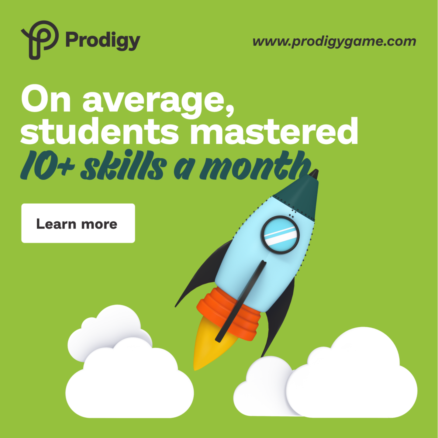 Prodigy Game graphic – "On average students mastered 10+ skills a month"