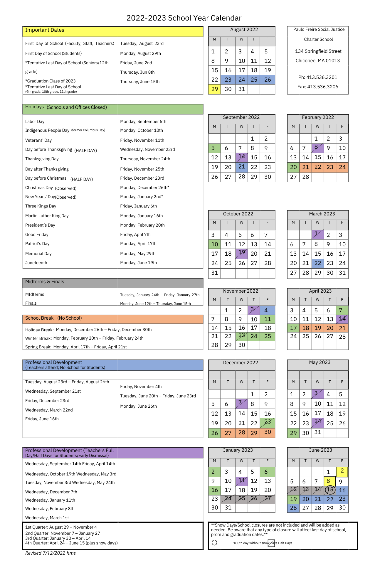 School Calendar Paulo Freire Social Justice Charter School