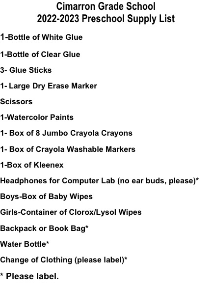 Pre-K Supply List