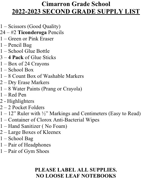 2nd Grade Supply List