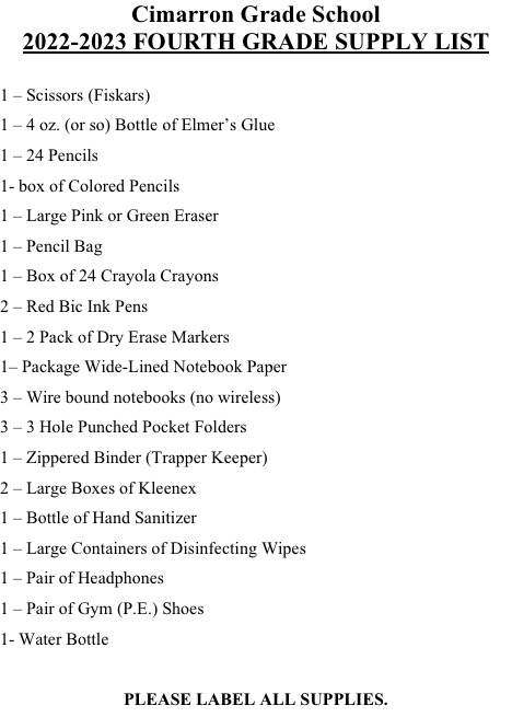4th Grade Supply List