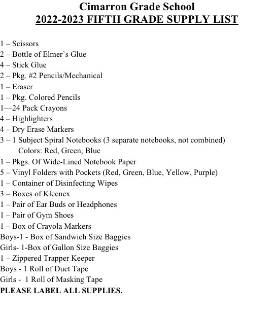 5th Grade Supply List
