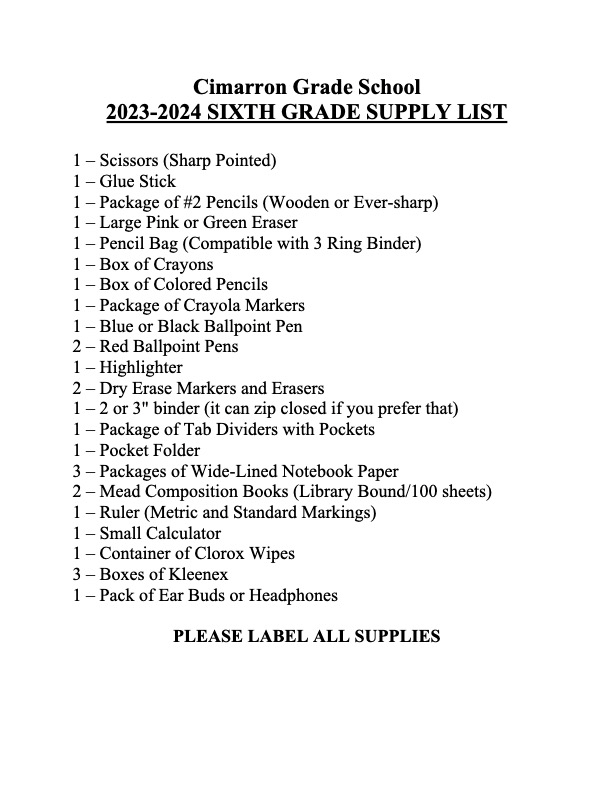 6th Grade Supply List