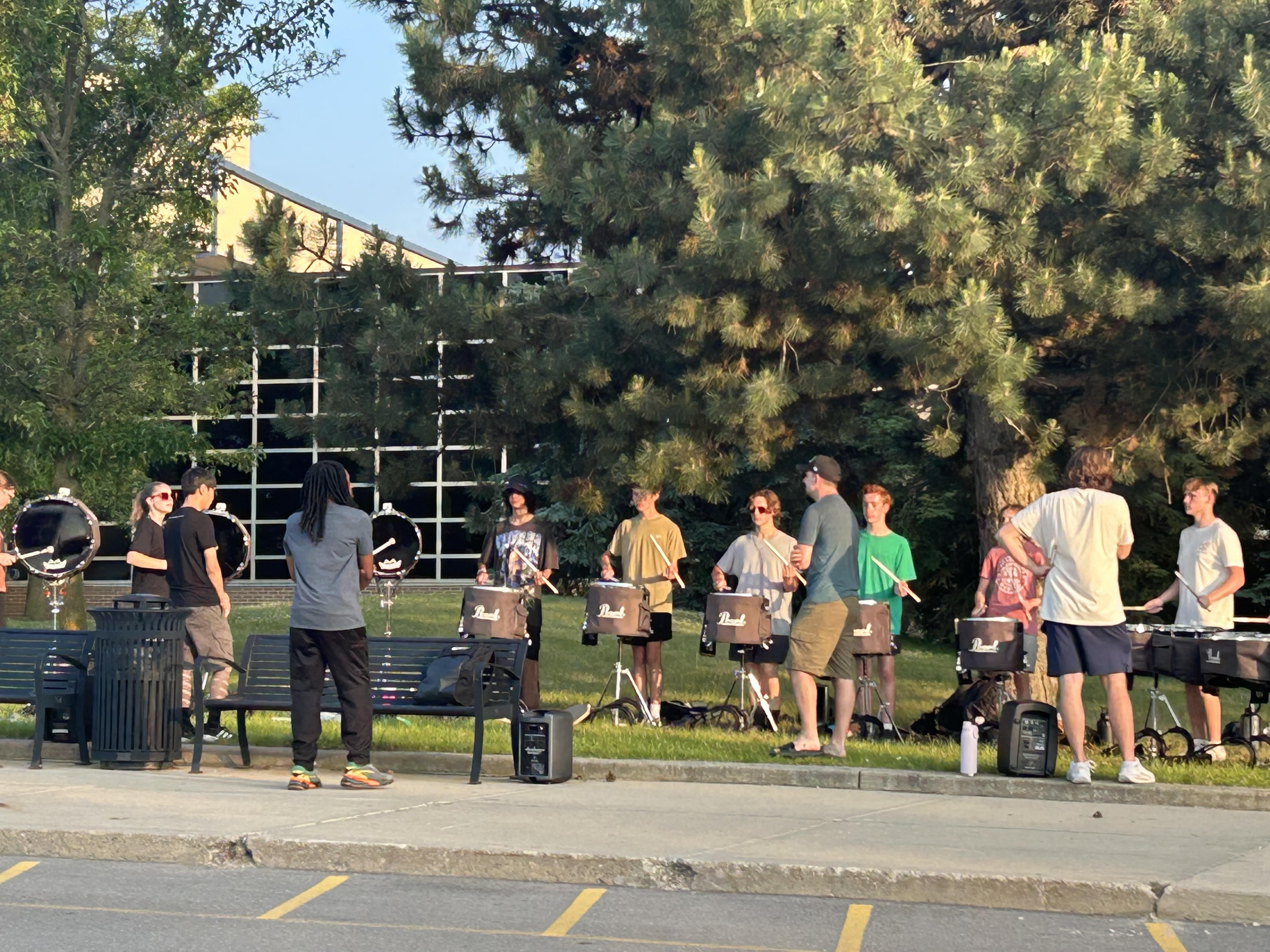 Huron Valley United Drumline practices outside Lakeland High School 