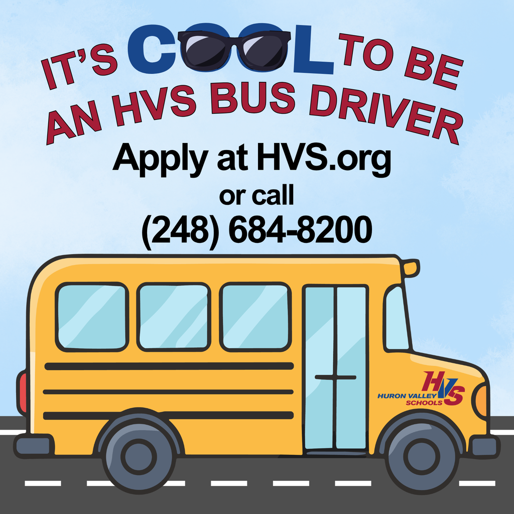 Now Hiring bus drivers.. graphic with school bus and the words "it's cool to ba bus driver. Call 684-8200"