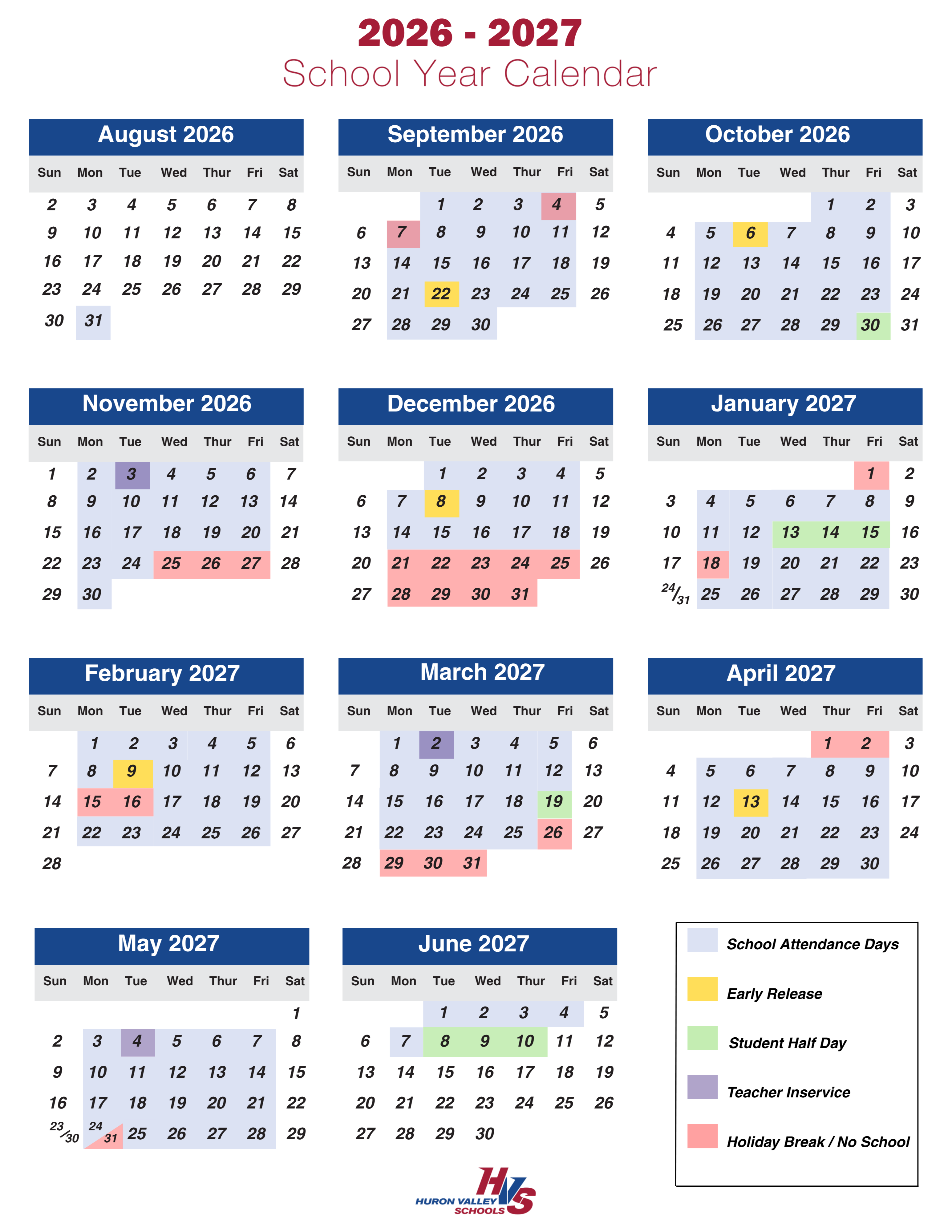 image of school year calendar listing months and days that is listed to the right of the graphic.